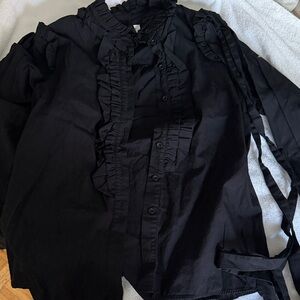 Topshop Black Women's Blouse with Ruffle Trim